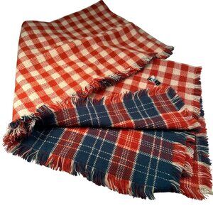 LL Bean Picnic Throw Blanket Plaid Fringe Patriotic Red Blue White